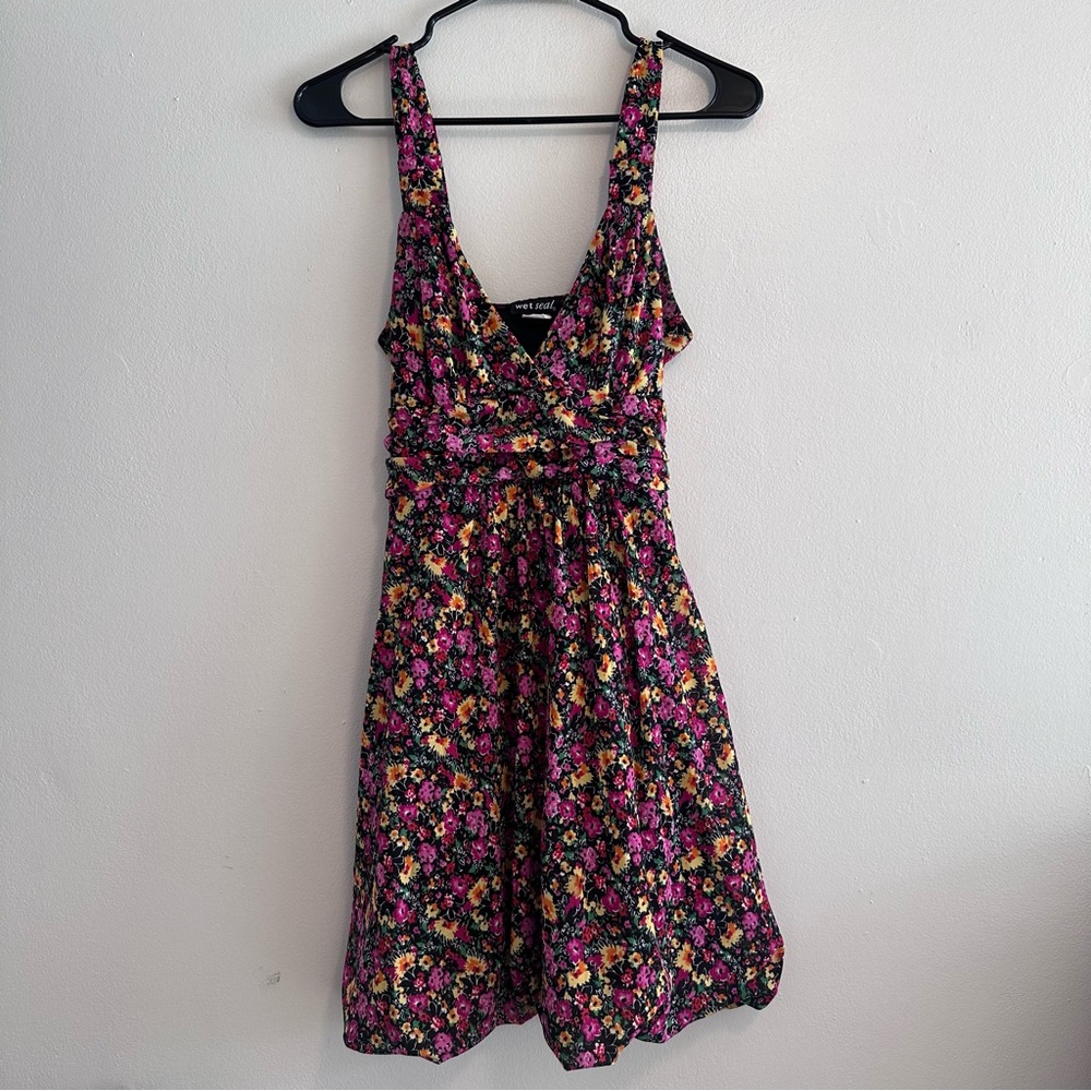 Wet Seal Floral Midi Dress - Black, Pink, Yellow
